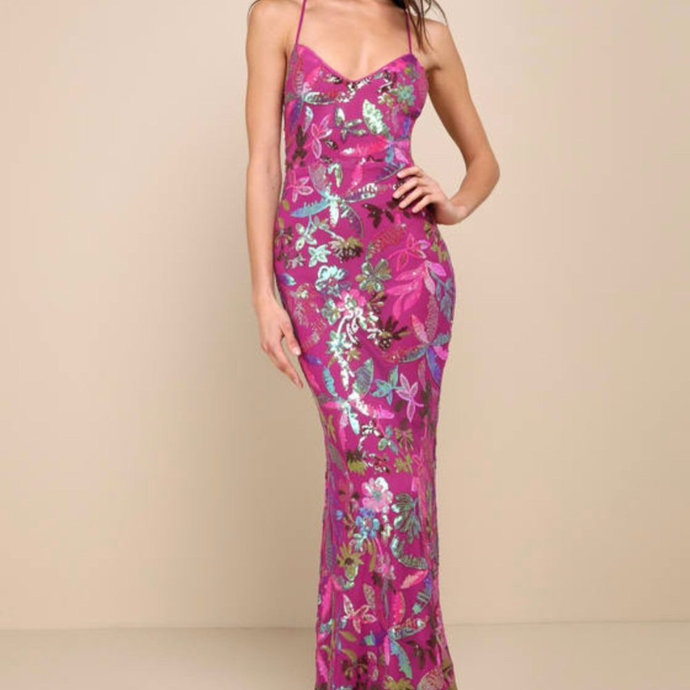 NWT Glittering Icon Magenta Iridescent Sequin Lace-Up Maxi Womens Dress MEDIUM